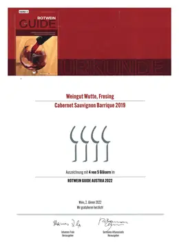 Cabernet Sauvignon Barrique 2019 – 4 von 5 Gläsern | Rotwein Guide Austria 2022 – Weingut Wutte