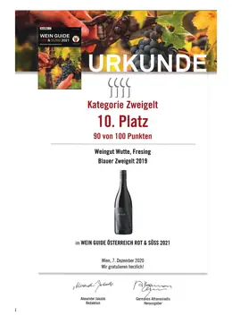 Blauer Zweigelt 2019 – 90 Punkte · Kategorie Zweigelt | Wein Guide Österreich Rot & Süß 2021 – Weingut Wutte