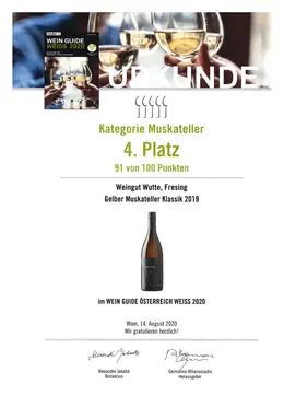 Gelber Muskateller Klassik 2019 – 4. Platz · 91 Punkte | Wein Guide Österreich Weiss 2020 – Weingut Wutte
