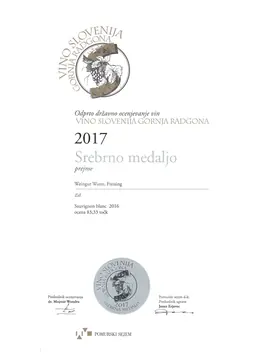 Sauvignon blanc 2016 – Silbermedaille · 83,33 Punkte | Vino Slovenija Gornja Radgona 2017 – Weingut Wutte