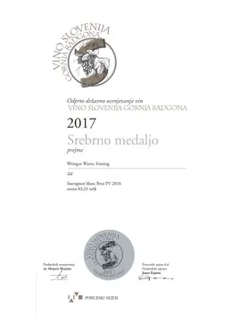 Sauvignon blanc Brut PV 2016 – Silbermedaille · 83,33 Punkte | Vino Slovenija Gornja Radgona 2017 – Weingut Wutte