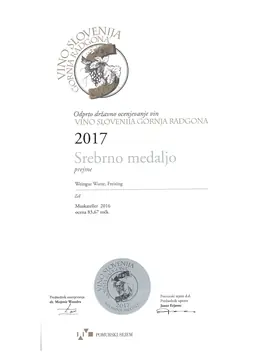 Muskateller 2016 – Silbermedaille · 83,67 Punkte | Vino Slovenija Gornja Radgona 2017 – Weingut Wutte