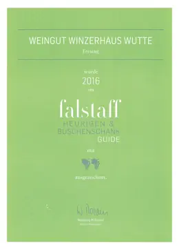 Winzerhaus Wutte – Empfehlung – Ausgezeichnet | Falstaff Heurigen & Buschenschank Guide 2016 – Weingut Wutte